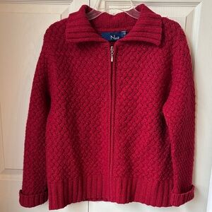 Nia cable knit fisherman Red Knit Zip-Up wool silk Sweater Women XL GUC festive